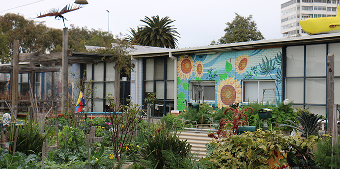 View of the exterior of the Shakespeare Grove Artist Studios looking across the farmers garden