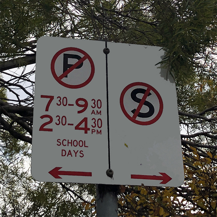 A no parking on school days street sign.