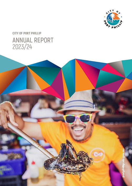 Image of the cover of the 2023/24 City of Port Phillip annual report featuring a trader from the Port Phillip Mussel and Jazz Festival held at South Melbourne Market in March 2024.