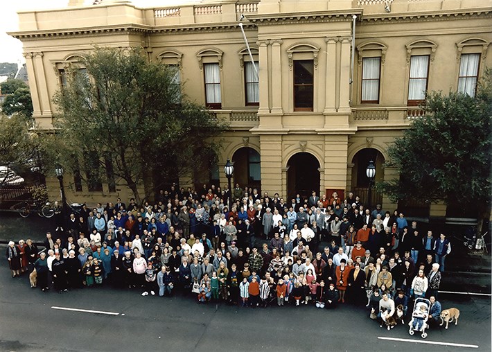 Staff members and their families of Port Melbourne Council gather outside Port Melbourne Town Hall at the time of amalgamation in June 1994