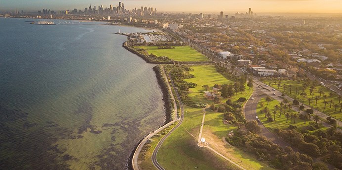 aerial view of Elwood foreshore looking over Point Ormond toward St Kilda